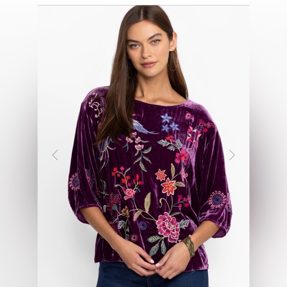 Johnny Was Velvet Boatneck Blouse Floral Bird Embroidery Deep Plum Size XL NEW